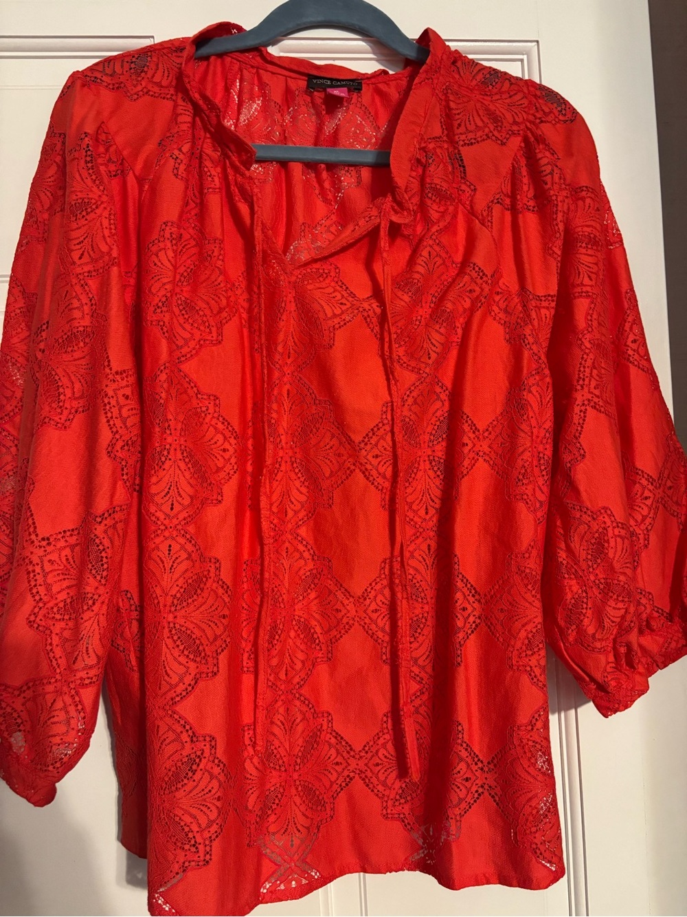 Vince Camuto Orange/Red Lace-Detail Peasant Blouse